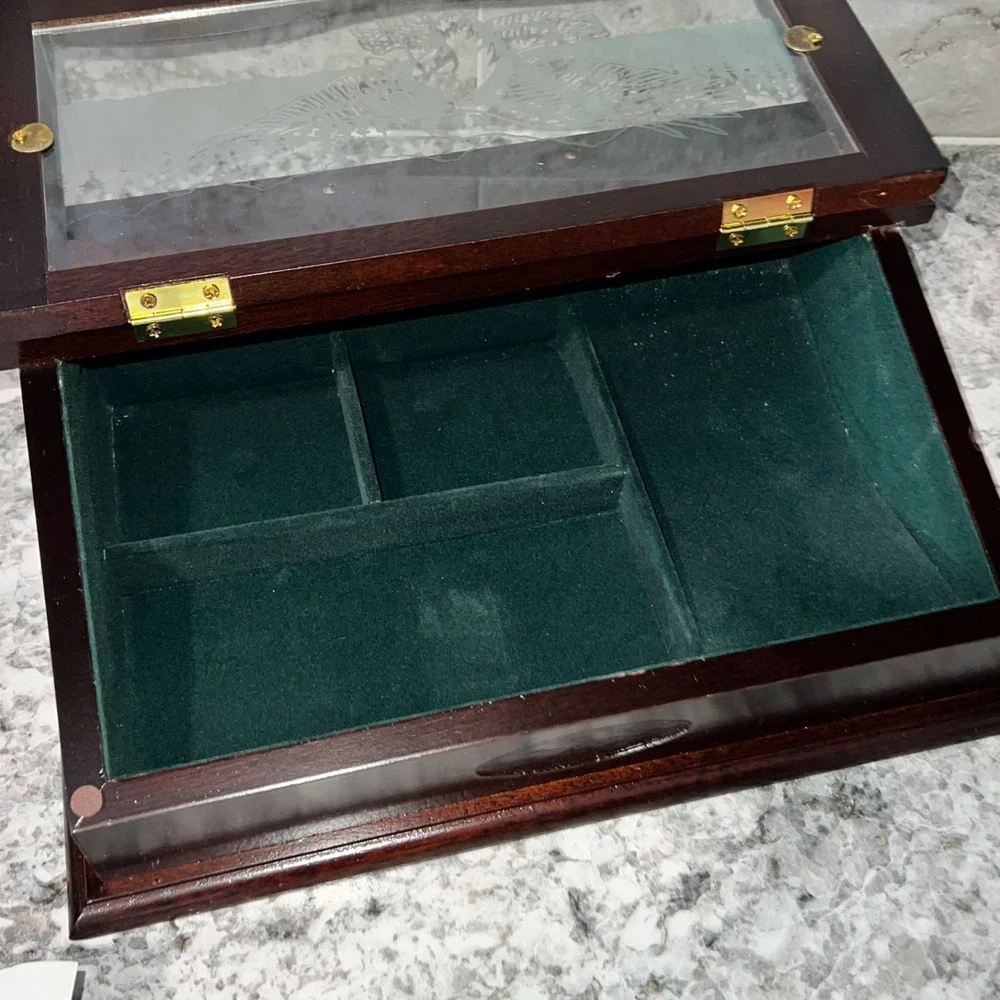Vintage American‎ Eagle Men's Wooden Jewelry Box Etched Glass Dark Walnut
